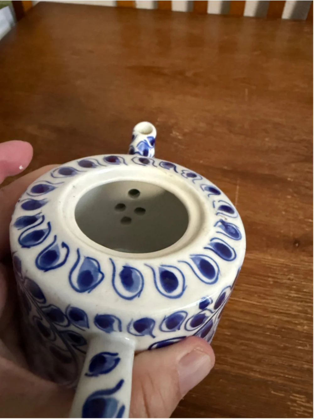 Vintage Hand Painted Blue White Floral Ceramic Teapot with Lid Folk Art Pottery